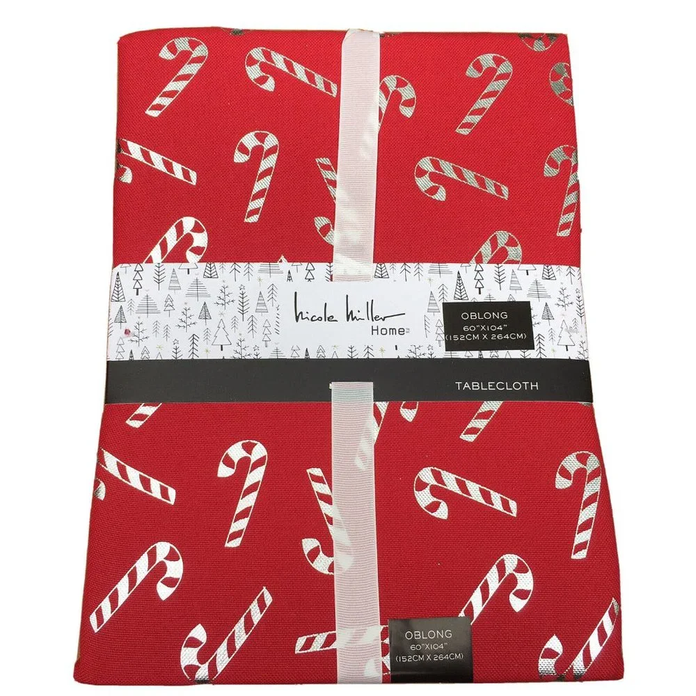 Nicole Miller Candy Cane Tablecloth Christmas Holiday Red Silver Foil 60x104